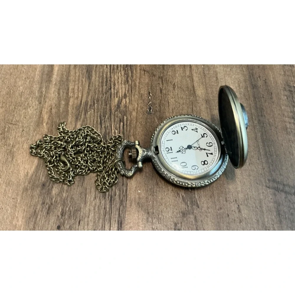 Pocket Watch Skull and Cross Swords Pirate Antiqued goldtone Enamel with Chain